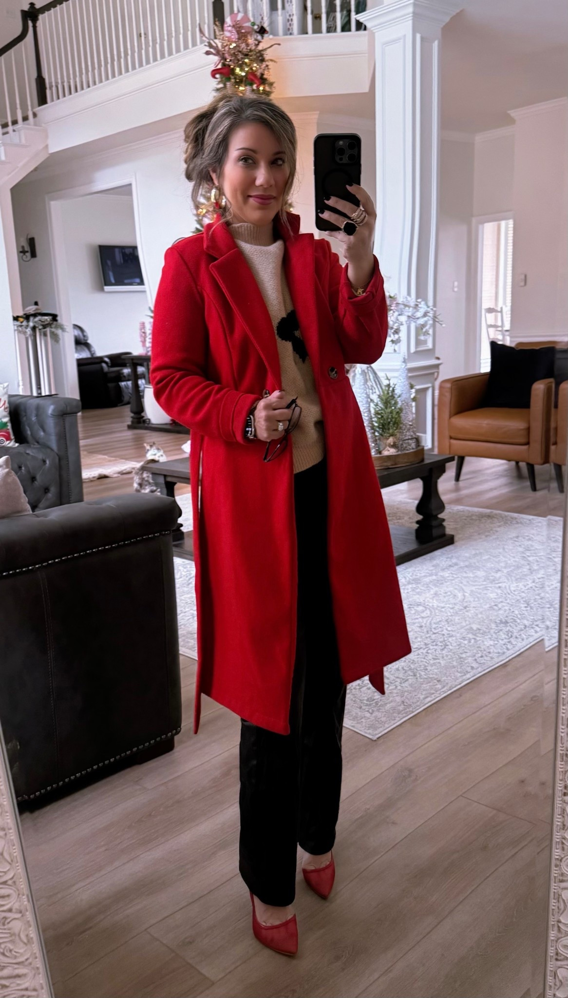Christmas outfit - red coat, bow sweater, black pleather pants, red heels 

#LTKHoliday #LTKGiftGuide #LTKdayinmylife