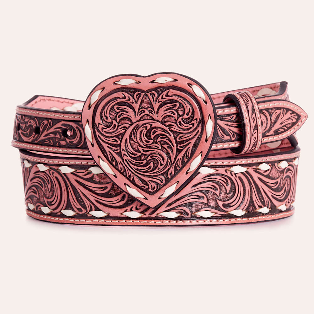 Angel Ranch Women's Pink Tooled Leather & Leather Heart Buckle Belt | Cavender's