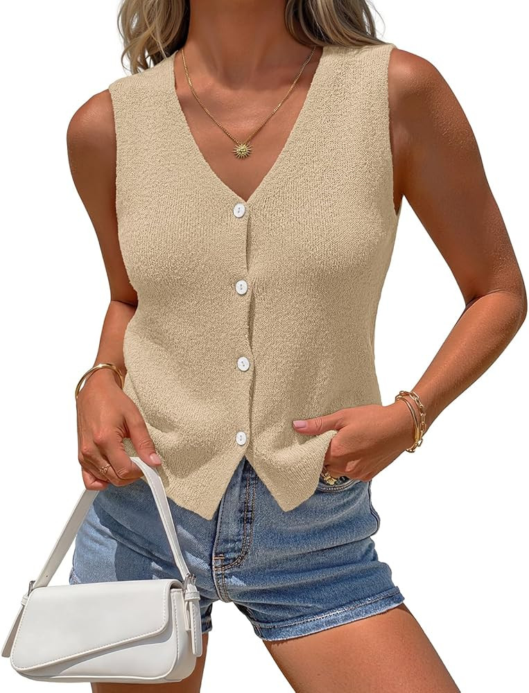 MEROKEETY Women's Sleeveless Sweater Vest 2026 Spring Summer Knit Tank Top Casual V Neck Button W... | Amazon (US)