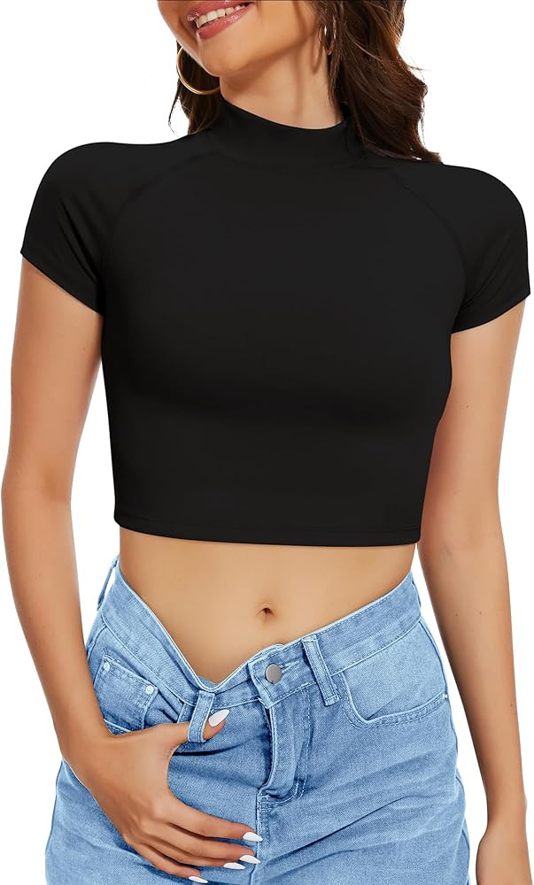 TQD Women's Short Sleeve Crop Tops High Mock Neck Casual Workout T-Shirt Turtleneck Athletic Basi... | Amazon (US)