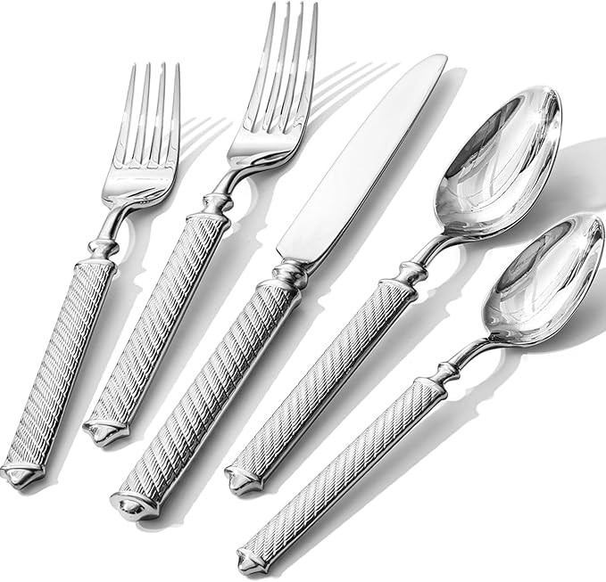 KINGSTONE Retro Rope-Pattern Silverware Set, 5-Piece Flatware Set Cutlery Set Forged with Handcra... | Amazon (US)
