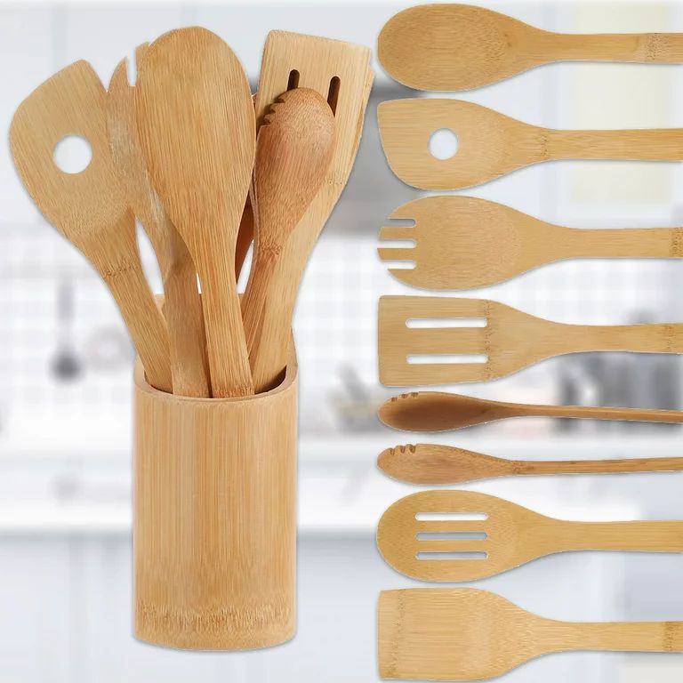 Kitchen Utensil Set with Holder,Bamboo 8Pcs  Spoons for Cooking & Spatulas for Nonstick Cookware ... | Walmart (US)