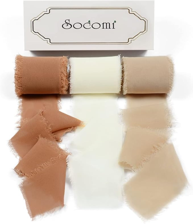 Socomi Handmade Fringe Chiffon Silk Ribbon 1-3/4" x 7Yd 3 Rolls Frayed Ribbon Set for Wedding Inv... | Amazon (US)