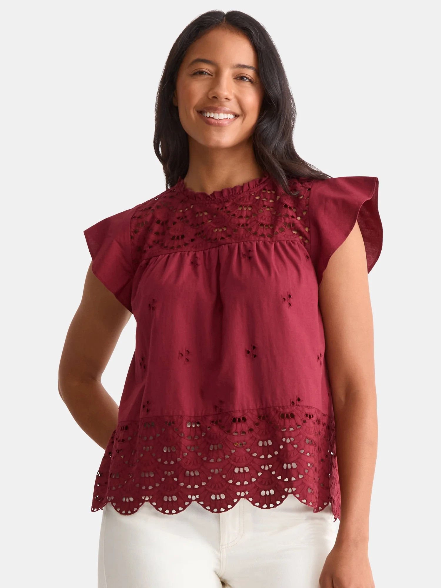 Time and Tru Women's Eyelet Top with Flutter Sleeves, Sizes XS-XXXL | Walmart (US)