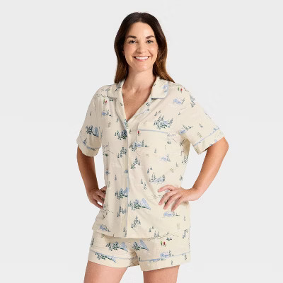 Women's Cloud Knit Modal Notch Collar Short Sleeve Top and Shorts Pajama Set - Auden™ Cream 'Ti... | Target
