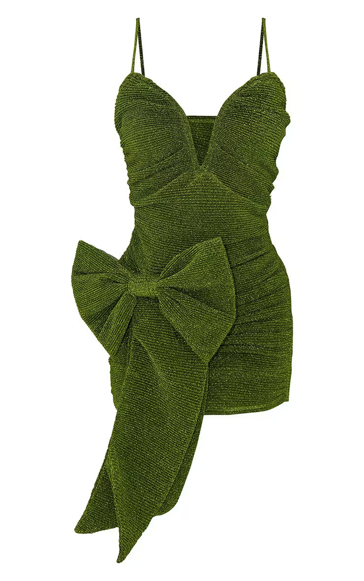 Green Glitter Plisse Bow Detail V Bar Bodycon Dress | PrettyLittleThing US