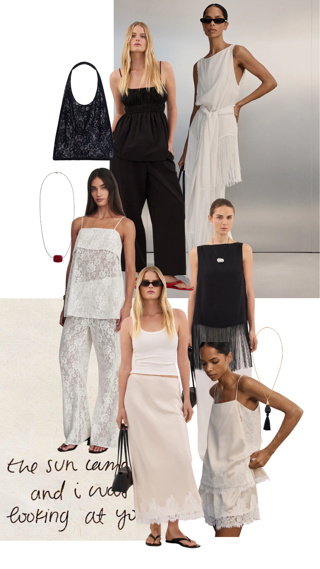 The DISSH edit 
black and white, monochrome, lace, sheer lace, lace set, lace camisole, lace trousers, slip skirt, satin skirt, fringe hem dress, sleeveless dress, wide-leg black trousers, black top, ivory dress, neutral palette, minimalist style, elevated basics, resortwear, spring dressing, summer style, chic accessories, statement necklace, pendant necklace, black handbag, lace tote bag, slim sunglasses, flip flops, feminine, polished, modern elegance 

 #LTKsummer #LTKeurope #LTKdatenight