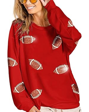 Womens Sparkle Football Sequin Rugby Sweatshirt Game Day Y2K Crewneck Oversized Shirt Long Sleeve... | Amazon (US)