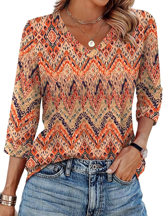 WIHOLL Womens Tops 3/4 Length Sleeve V Neck Casual Tunic Tops Basic Shirts Loose Fit Blouse      ... | Amazon (US)