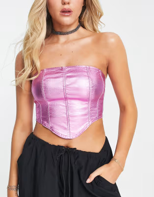 Miss Selfridge metallic denim bralette in hot pink | ASOS (Global)