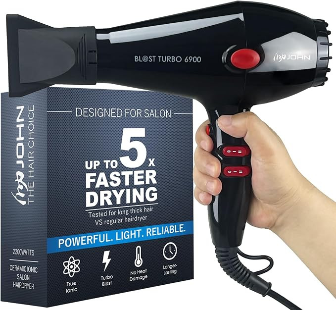 JOHN Hair Blow Dryer,Professional Salon Ionic 2200W,Blast Turbo 6900,Black | Salon Look Everyday ... | Amazon (US)