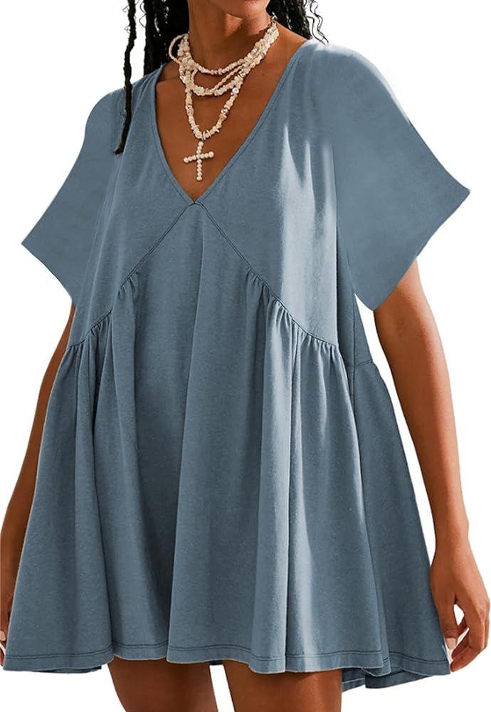 Womens Summer Mini Dress Casual Short Sleeve Loose V Neck Swing Sundress with Pocket | Amazon (US)