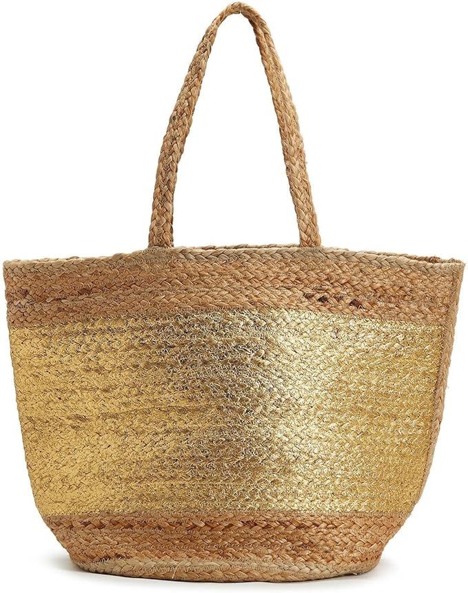 Two's Company Golden State Of Mind Natural Jute Woven Tote Bag w/Metallic Gold Accent - Jute | Amazon (US)
