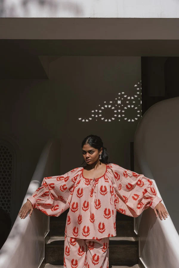 Ria Blouse ~ Cherry Blossom | Artisan Floral Cotton Blouse | Daughters of India