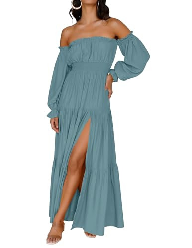 ZESICA Womens Fall Long Sleeve Boho Off Shoulder Maxi Dresses Teal XS | Amazon (US)