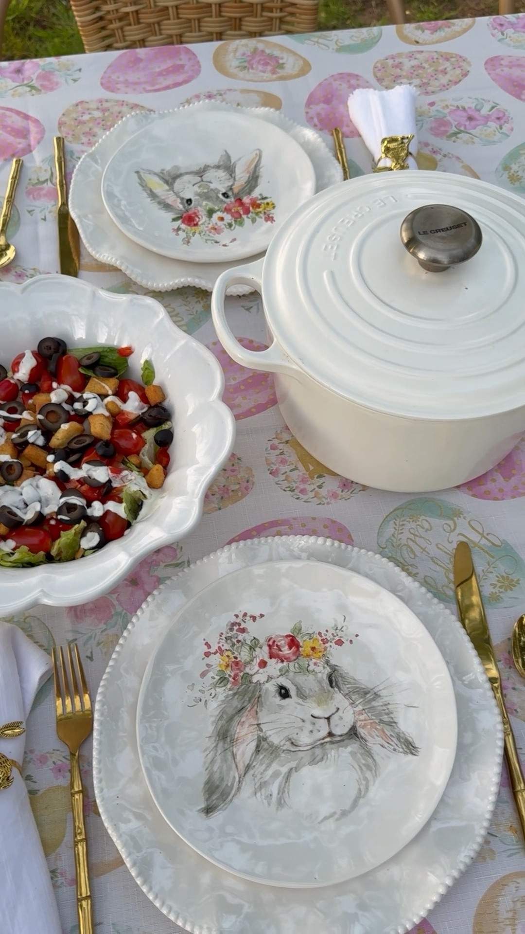 Beautiful Easter table setting with adorable Easter bunny plates and delicious food. 🌸💗 🐰 

#LTKSeasonal #LTKParties #LTKHome