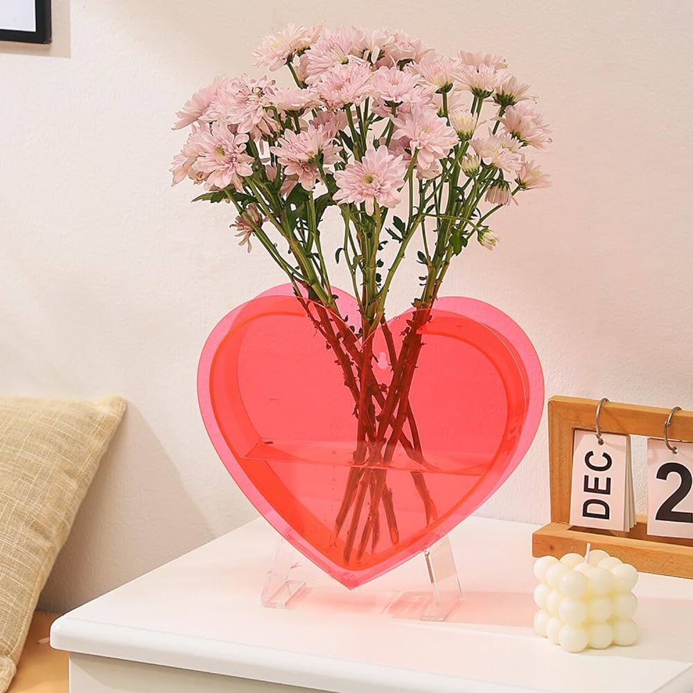 PORPAN Heart Vase, Acrylic Flower Vase, Hangable Wall Vase, Red Aesthetic Vase for Decor, Modern ... | Amazon (US)