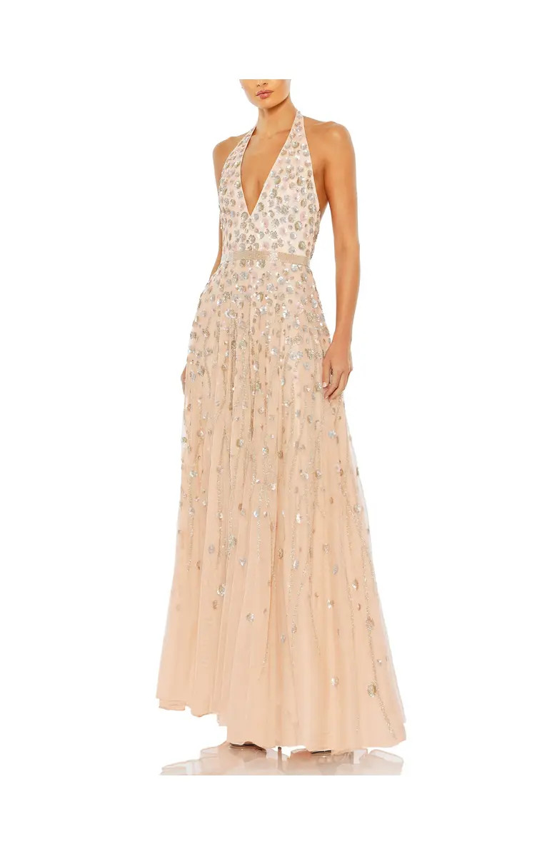 Floral Embellished Halter Strap A Line Gown | Nordstrom