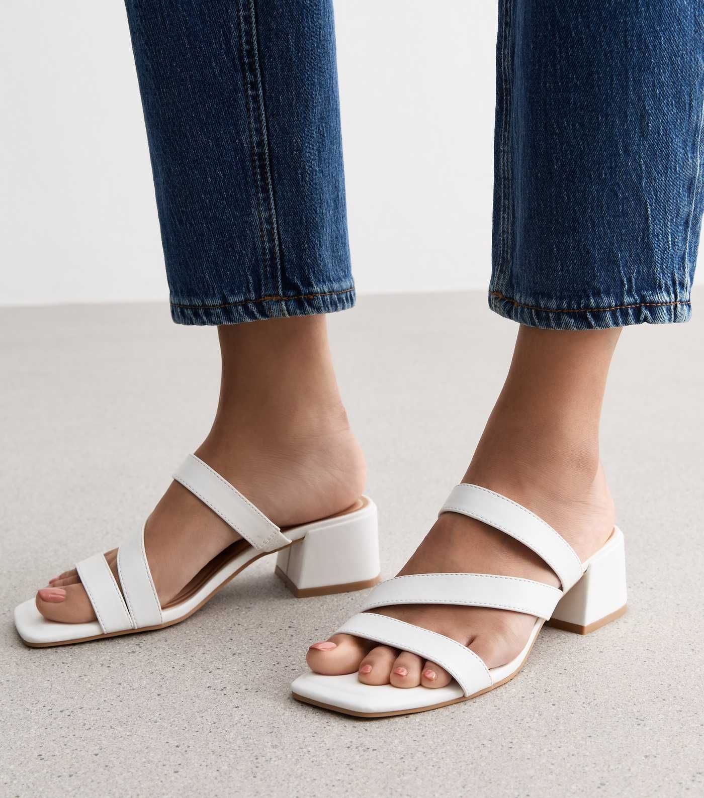 White Leather-Look Triple Strap Block Heel Mules | New Look | New Look (UK)