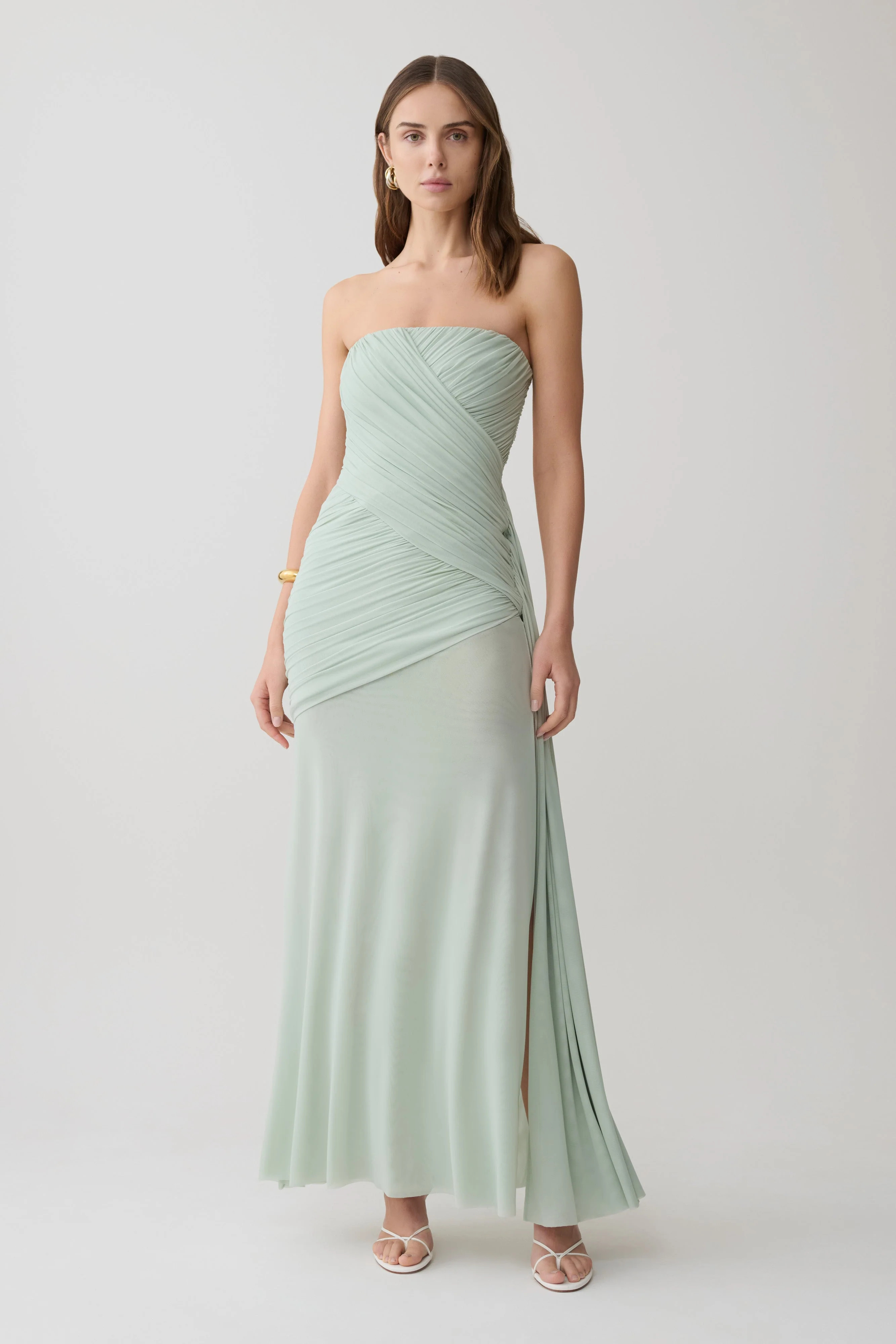 Monet Strapless Ruched Mesh Maxi Dress - Aqua Grey | MESHKI US