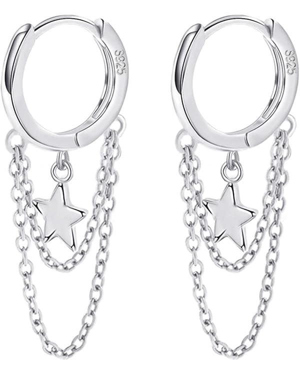 925 Sterling Silver Star Earrings Tassel Chain Drop Dangle Black Rose Gold Small Hoop Earrings Hu... | Amazon (US)