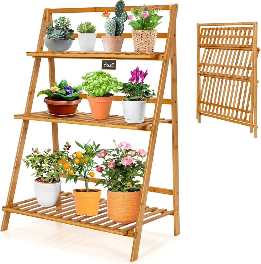 Giantex 3 Tier Folding Storage Shelf, Bamboo Ladder Plant Stand, Multiple Flower Pot Holder Succu... | Amazon (US)