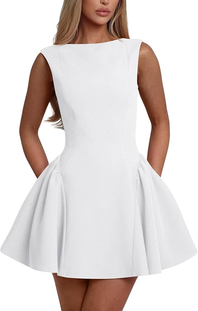 YMDUCH Women's Summer Sleeveless Crew Neck Backless A-line Mini Party Prom Dress | Amazon (US)