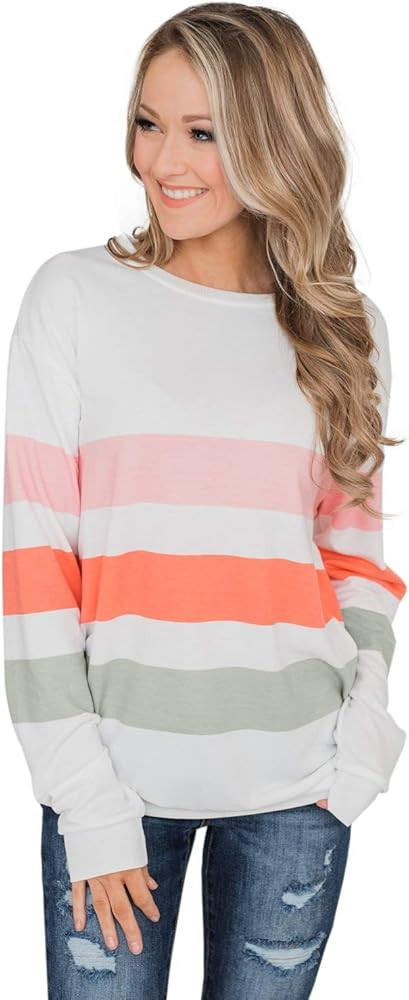 Chvity Women Long Sleeve Tops Oversized Striped Tunics Blouses Casual T Shirt Pullover Sweatshirt | Amazon (US)
