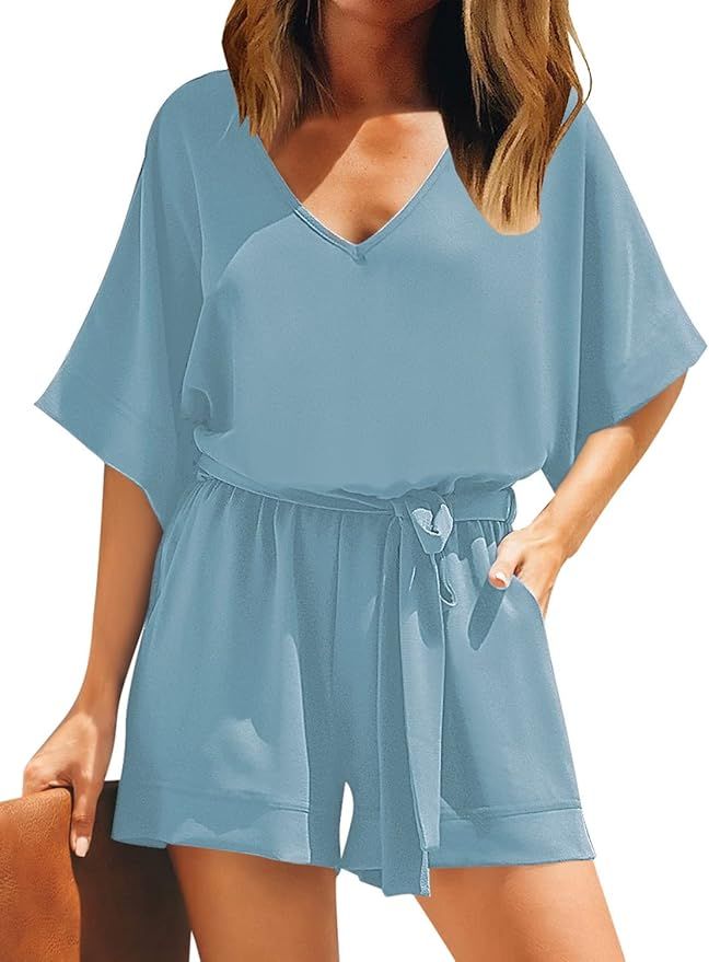 Utyful Women's Summer Casual V Neck 3/4 Bell Sleeve Belted Chiffon One Piece Romper Shorts | Amazon (US)