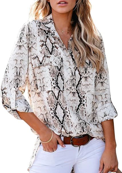 Astylish Women Button Down Snake Print 3 4 Tab Sleeve Tunic Blouse Tops Shirts | Amazon (US)