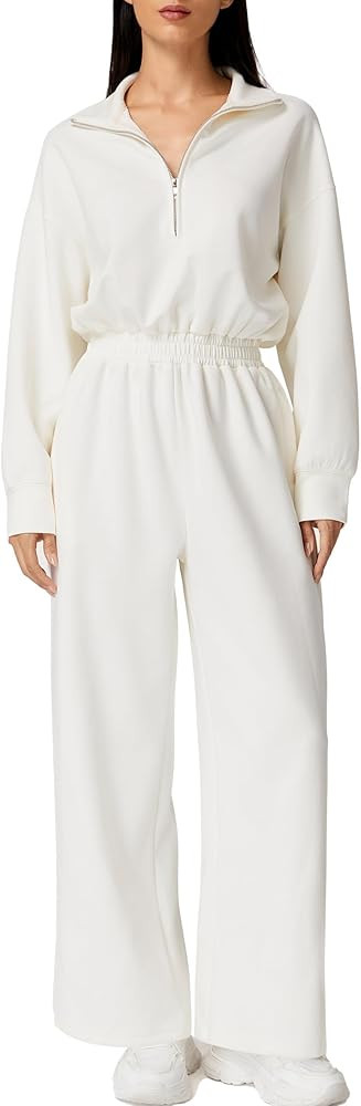 QINSEN Long Sleeve Jumpsuit for Women Half Zip Hoodie High Waisted Sweatpant Romper Beige L | Amazon (US)