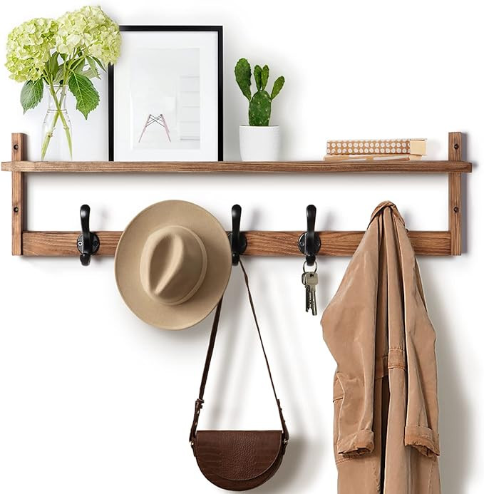 Tatub 29'' Coat Rack Wall Mount with Shelf, Wood Wall Hooks with Storage, Entryway Shelf with 5 H... | Amazon (US)