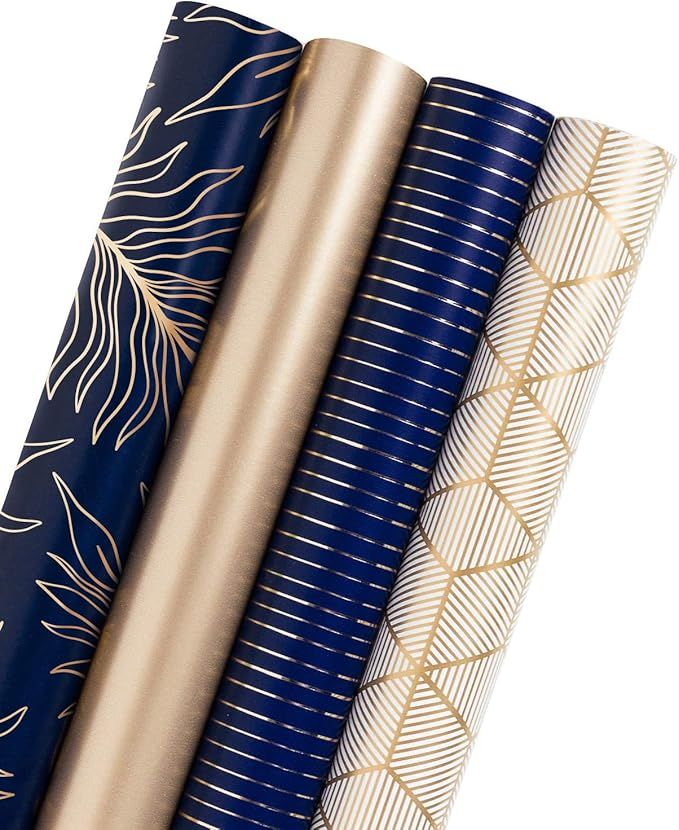 WRAPAHOLIC Wrapping Paper Roll - Gold and Navy Print with Cut Lines for Birthday, Holiday, Father... | Amazon (US)
