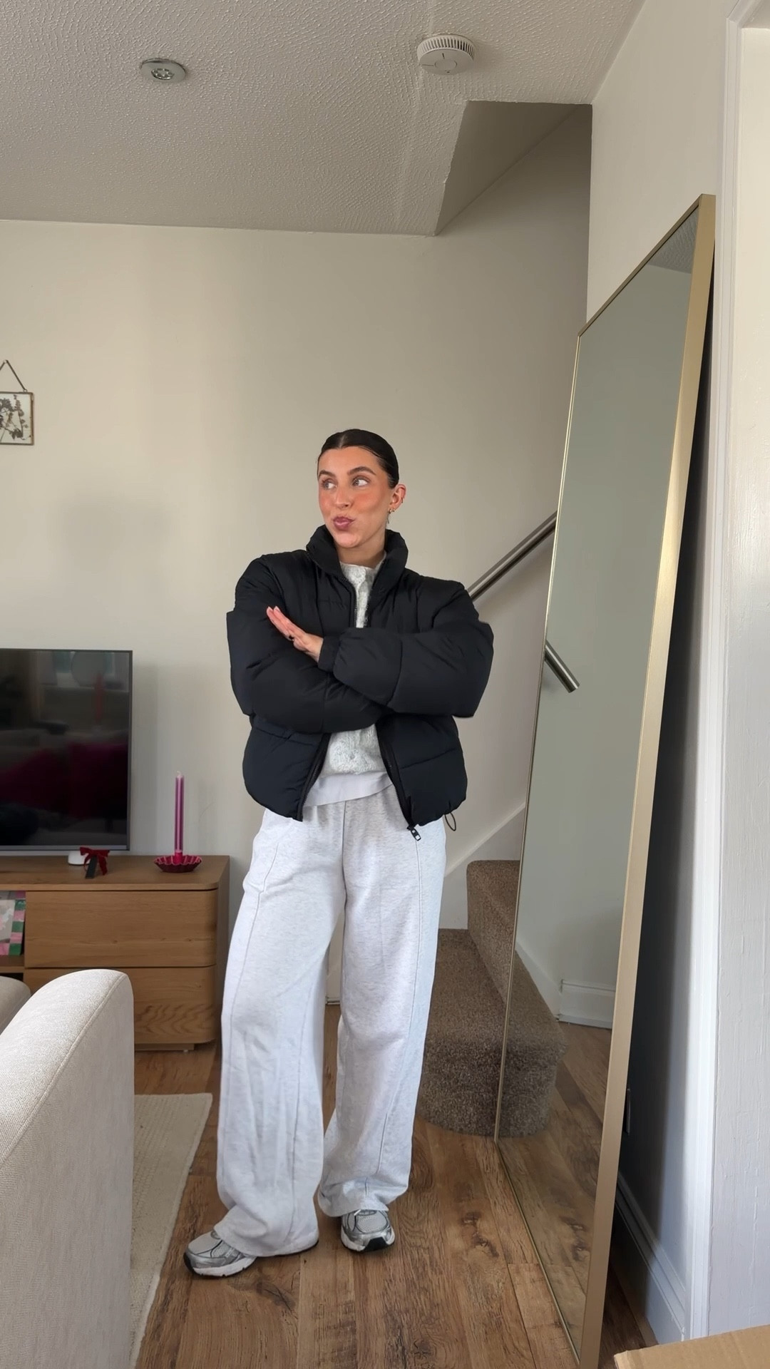 Chic outfit, comfy, casual, wide leg trackies, straight leg joggers, grey, black puffer coat, petite, style, fashion, winter, cardigan, knitwear, new balance, 

#LTKwinter #LTKuk #LTKpetite