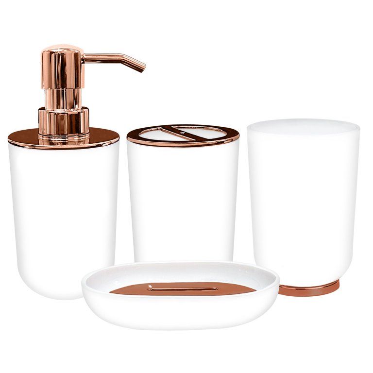 Bathroom Accessories Set, Toothbrush Holder, Soap Dispenser, Rose Gold and White, 4 Piece | Walmart (US)