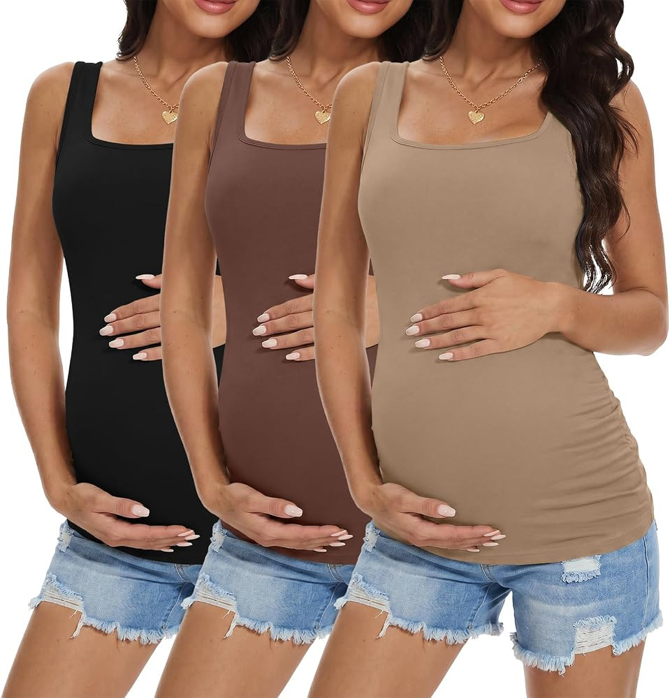 Ekouaer Maternity Tank Tops 3 Pack Square Neck Pregnancy Shirts for Women Summer Ruched Side Slee... | Amazon (US)