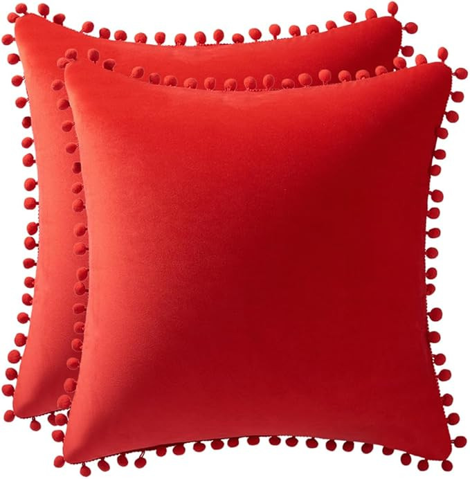 Throw Pillow Covers 18x18 Red: 2 Pack Cozy Soft Pom-poms Velvet Square Decorative Pillow Cases fo... | Amazon (US)
