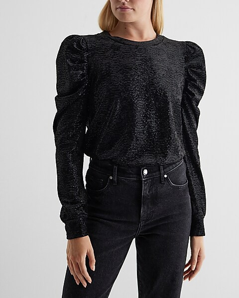 Velvet Dot Sequin Crew Neck Puff Sleeve Sweatshirt | Express