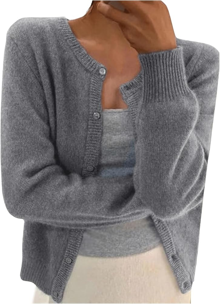 Women's Ribbed Knit Cardigan Long Sleeve Crewneck Button Down Lightweight Cardigan Sweater Trendy | Amazon (US)
