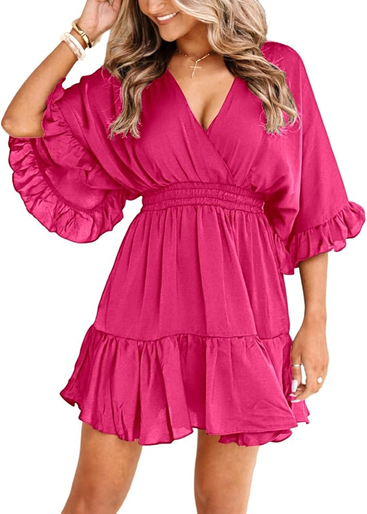 Aoysky Womens V Neck Casual Dresses Summer Loose High Waist Ruffle Pleated Cute Mini Short Dress | Amazon (US)