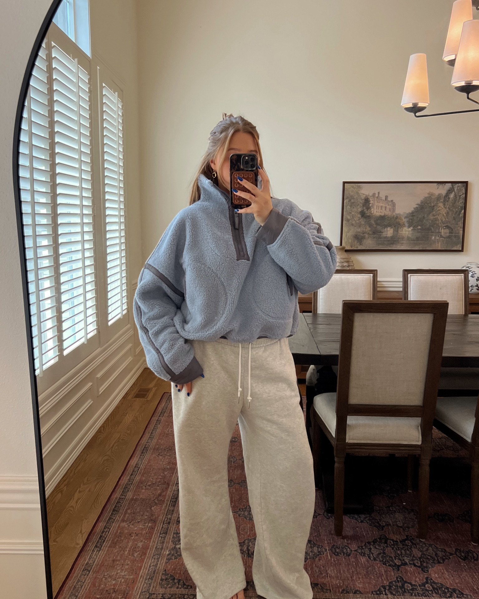 Get your true size in the Sherpa it’s so cozy and soft I have two and love them!!! Tts M. Sleeves run long fyi. Abercrombie pants are long also and love the wide leg. Wearing a L on sale in grey 