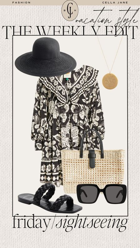 Cella Jane weekly edit vacation style. For any warm weather trips you might be taking soon. Friday local sightseeing. Dress, tote, straw hat, sandals, sunglasses  

#LTKtravel #LTKstyletip