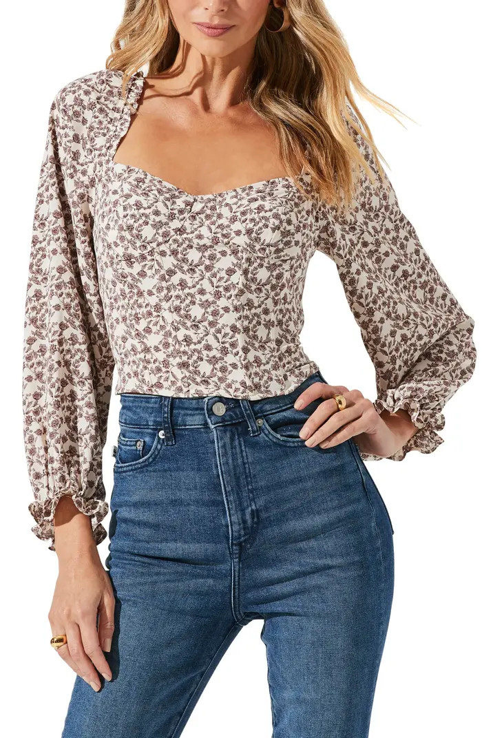 Floral Print Long Sleeve Crop Corset Top | Nordstrom