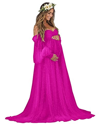 Molisa Off Shoulder Maternity Robes For Photoshoot Pearl Tulle Robe Long Babyshower Bridal Pregnancy Gown Fuchsia 4XL | Amazon (US)