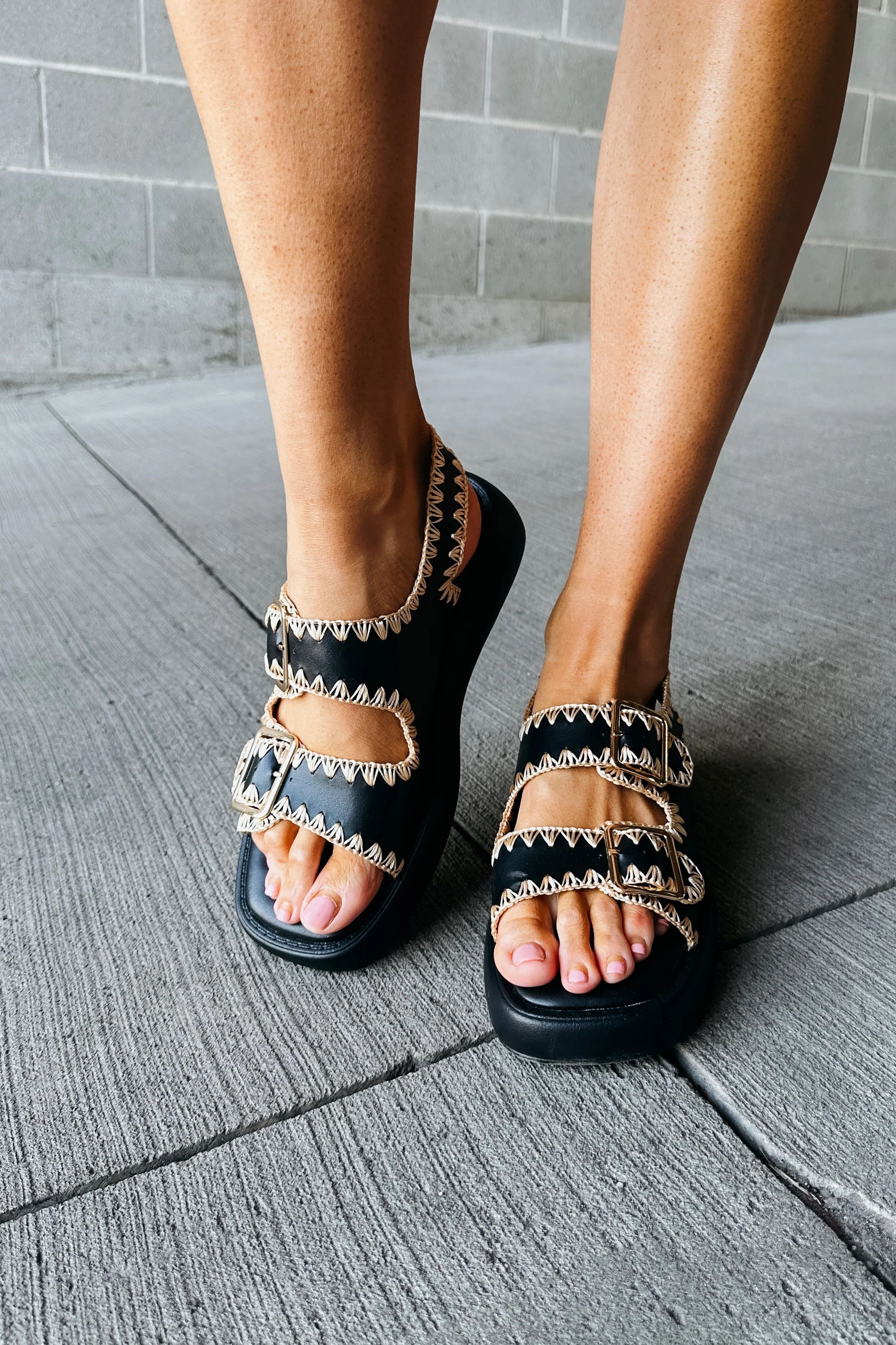 Black Leather Stitched Square Toe Strappy Sandals | Filia Sandals - Black | Mindy Mae's Market