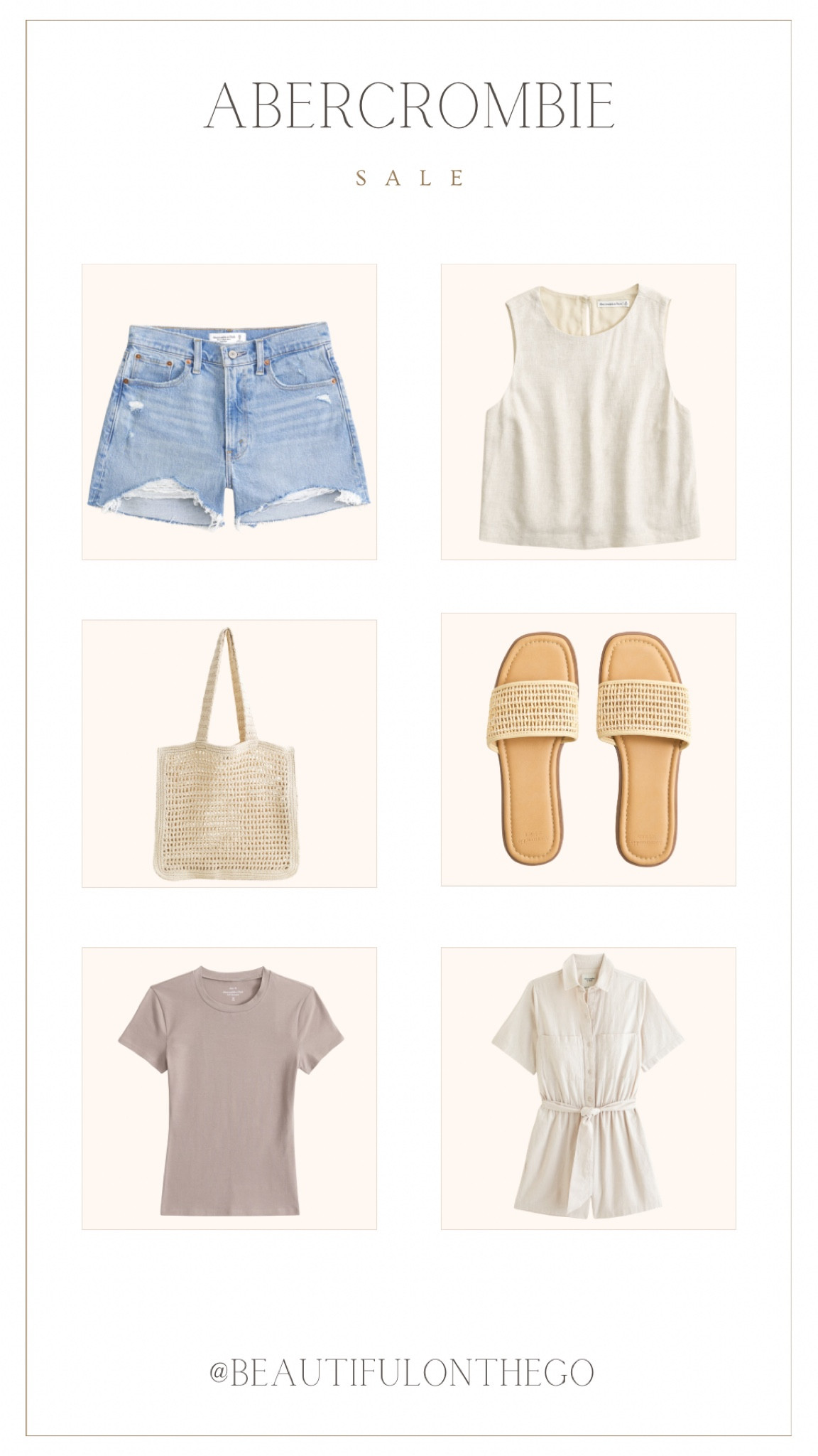 Abercrombie sale! Summer sale, summer outfit, neutral romper, mom shorts, sandals, linen top, straw tote, basic tank. 

#Abercrombie
#Abercrombiesale
#Summersale
#momshorts

#LTKShoeCrush #LTKSaleAlert #LTKStyleTip