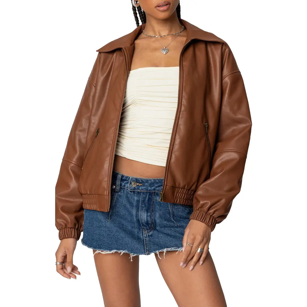 EDIKTED Halley Faux Leather Bomber in Brown at Nordstrom, Size Medium | Nordstrom