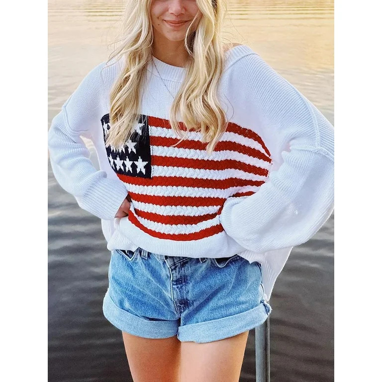 Women's Autumn Winter Long Sleeve Crewneck Flag Print Knit Sweater - Walmart.com | Walmart (US)
