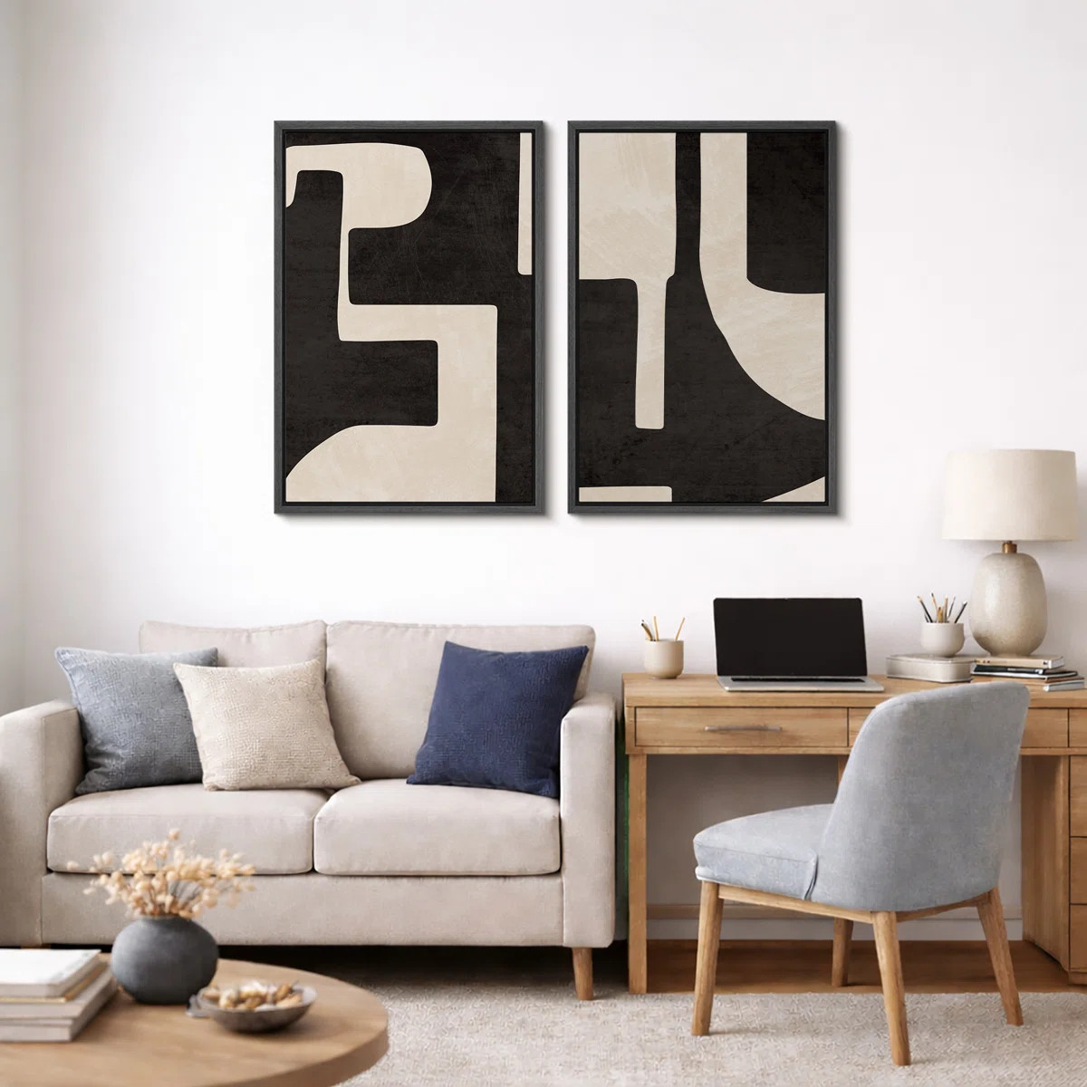 Mid Century Shape "Modern Black & Cream Geometric Shape Artwork, Classy Abstract Neutral Wall Pic... | Wayfair North America