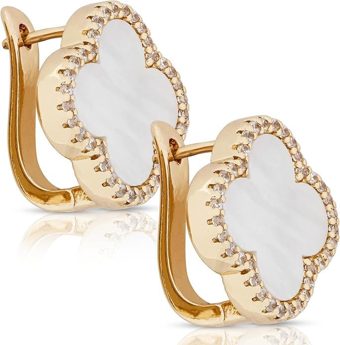 Four Leaf Clover Earrings 18K Gold Plated with Black Agate or White Shell | Mother of Pearl & Cub... | Amazon (US)